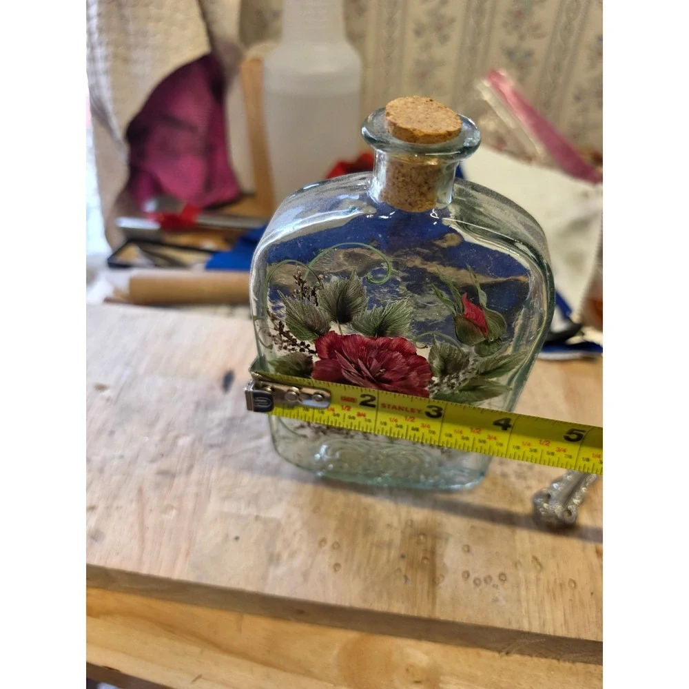 Vintage Hand Painted Red Rose Glass Decanter Bottle with Cork Stopper 7 Inch